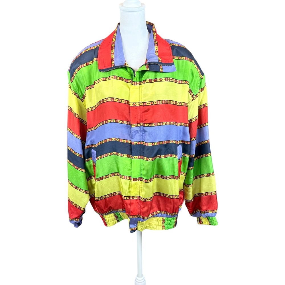 Casual Corner Silk Bomber Jacket Womens Large Multicolor Striped Vintage 90s Zip